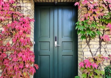 blue wooden door with pink and red flowers